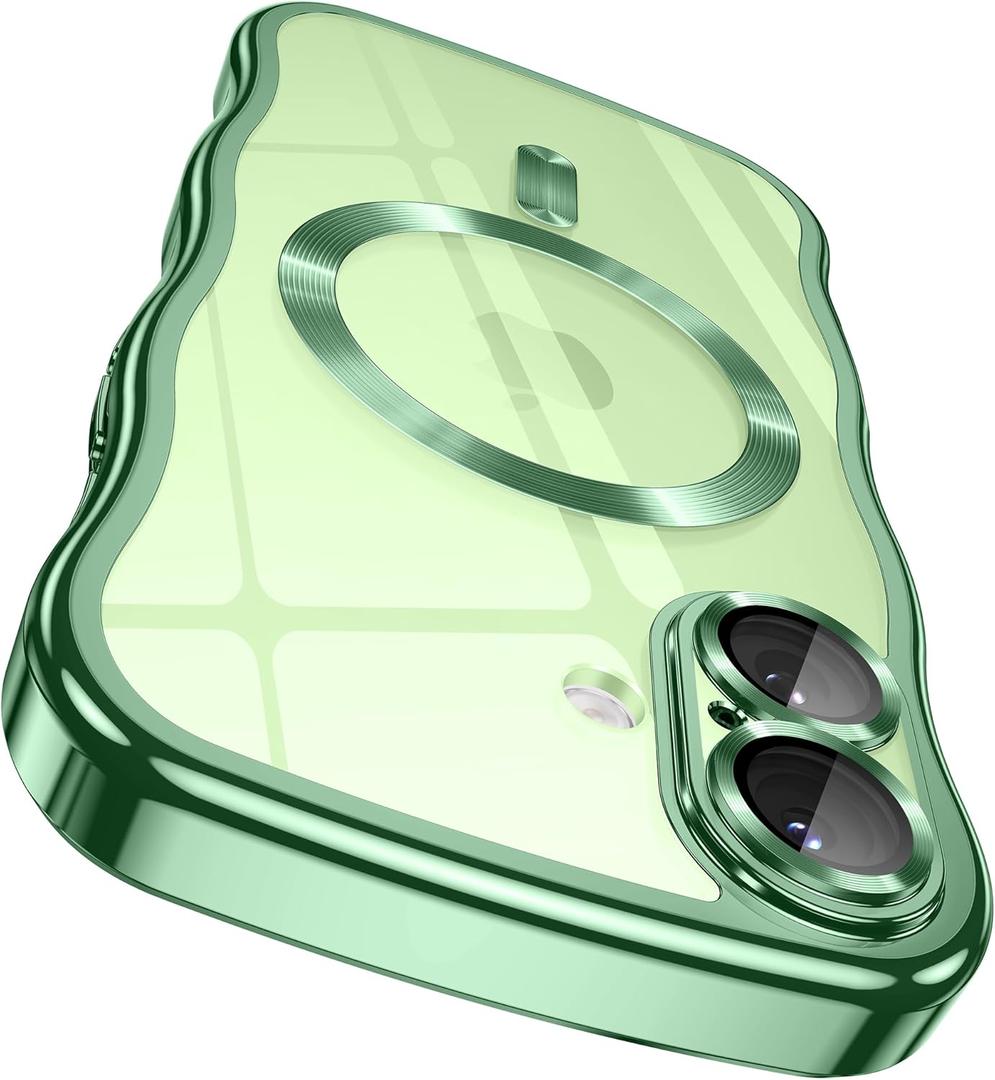 GVIEWIN for iPhone 17 Case [Compatible with MagSafe][Upgraded Full Camera Protection][Cute Wave Frame] Glossy Slim Shockproof Protective Magnetic Phone Case for iPhone 17 6.3'', Clear/Green
