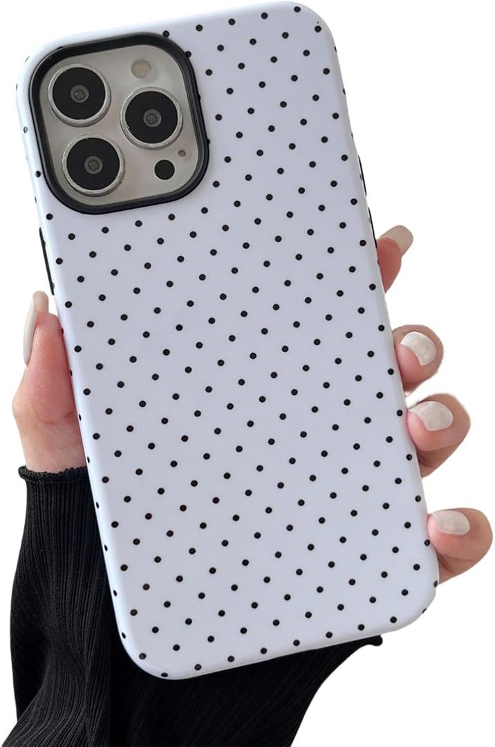 Longlayss Compatible with iPhone 13 Pro Max Case Cute Aesthetic Polka Dot Phone Case for Women Girl Shockproof Slim TPU and Hard PC Protective Cover (White)