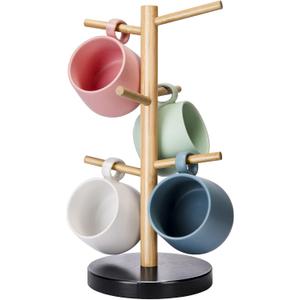 Wisuce Bamboo Mug Holder Tree, Thicker Base Coffee Cup Holder Stand for Counter, Mug Rack with 6 Hooks (Black Base)