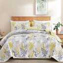 WONGS BEDDING Botanical Quilt Set Queen Size,Yellow Quilt with Colorful Leaves Pattern, 3 Pieces Soft Lightweight Microfiber Coverlet Set with 2 Pillowcases for All Season (Yellow Grey)