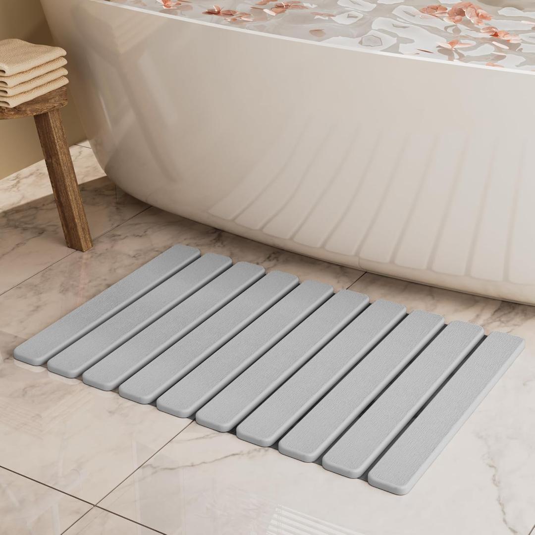 Foldable Stone Bath Mat, Quick Dry Stone Drying Mats for Bathroom, Super Absorbent Rollable Bath Mat, Non Slip, Large Diatomaceous Earth Dish Drying Mats for Kitchen Counter, 23.5 x 15.4in (Light Gray)