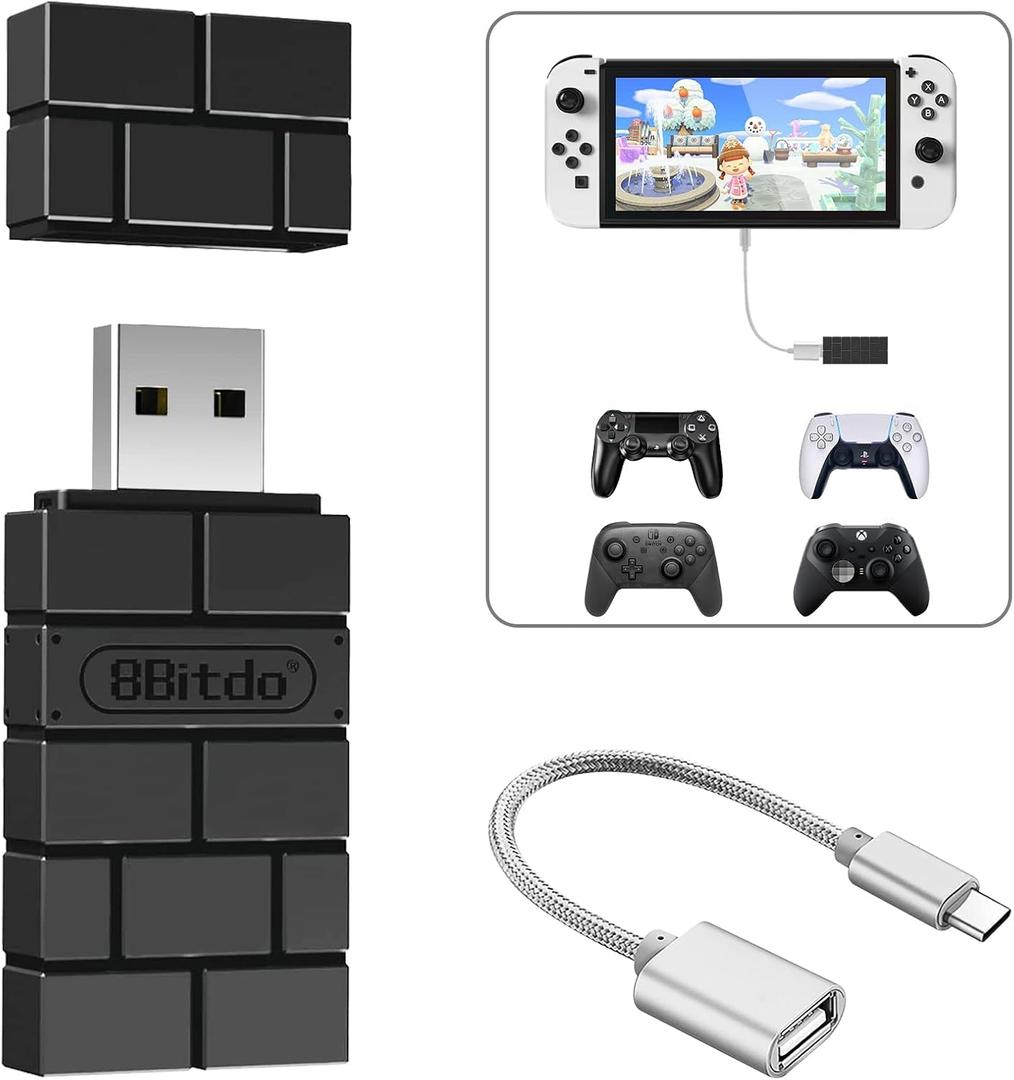 AKNES 8BitDo USB Wireless Controller Adapter 2 Converter Dongle for Switch1/2 / Switch OLED,Steam Deck,Windows,macOS,PS5/PS4/PS3 Controller,X Box Series X/S,X Box One Bluetooth Controller OTG Cable (Black)