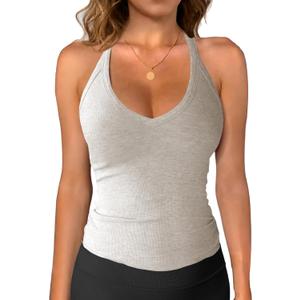 iGENJUN Workout Tops for Women Racerback Basic Tank Summer 2025 Camisole V Neck Slim Fit Ribbed Sleeveless (Small, Heather Grey)