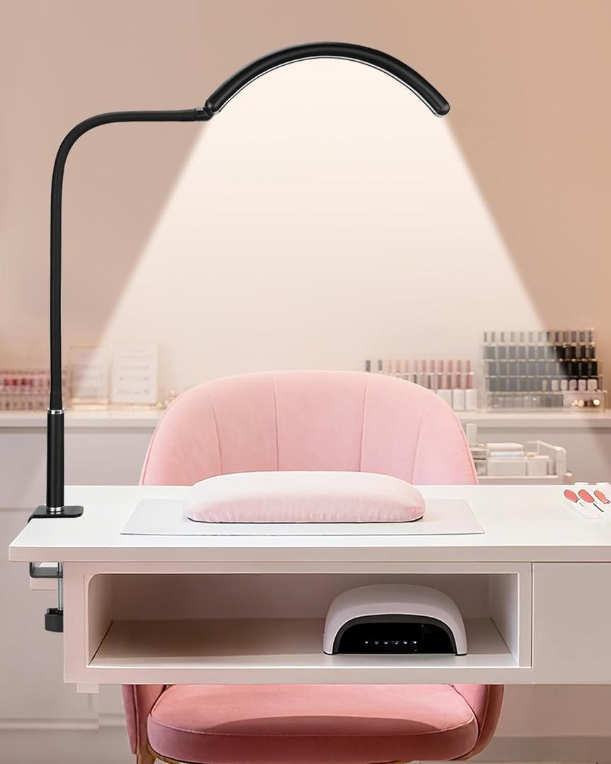 Professional Half Moon LED Desk Light for Nail Techs & Artists Flexible Gooseneck Lamp with Clamp, 3 Color Modes & 5 Brightness Levels for Manicure, Tattoo, Beauty Work