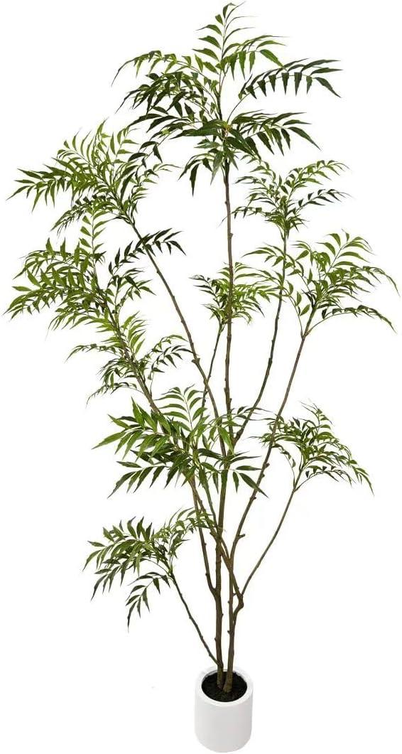 Artificial Mahonia fortunei Tree 7ft Tall Fake Trees for Indoor, Large Mahonia fortunei Plants with White Planter for Home Decor and Housewarming Gift,