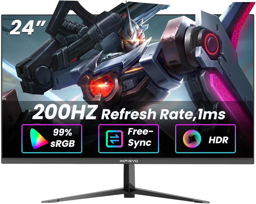 INFIEVO 24 Inch Gaming Monitor FHD 1080p 200Hz IPS 1ms, AMD FreeSync Premium, HDR, VESA Mount, Tilt Adjustable, Gamer Eye Care, HDMI/DisplayPort (Black)
