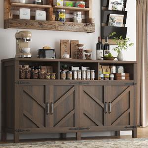 knoworld Buffet Sideboard with Storage Farmhouse with 4 Doors, 55'' Large Kitchen Storage Cabinet Wood Coffee Bar Cabinet Buffet Table with Shelves for Kitchen, Dining Room, Entryway (Brown, 55in)