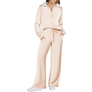 ANRABESS Women 2 Piece Outfits 2025 Fall Fashion Airport Wide Leg Pants Lounge Set Leisure Travel Vacation Clothes Sweatsuits (Small, Apricot)