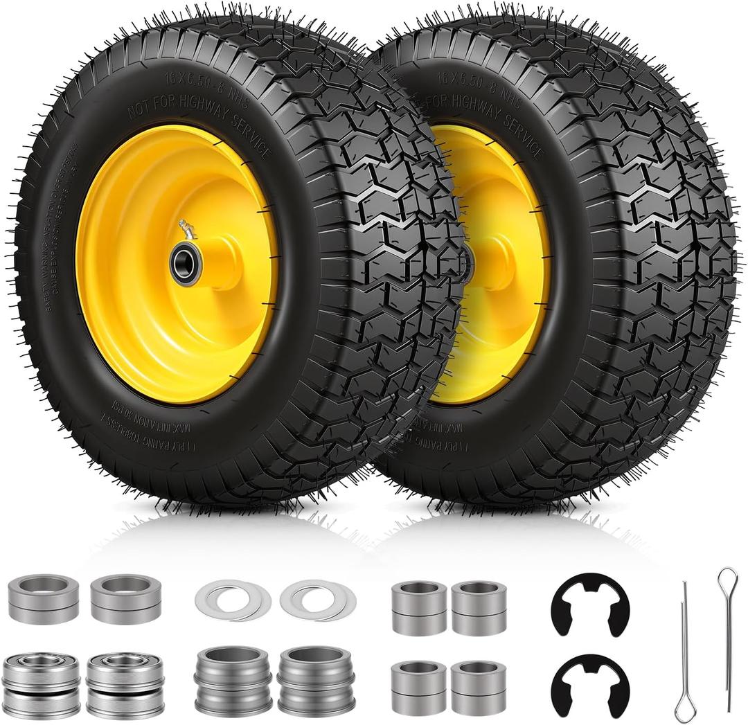 16x6.50-8 Tubeless Tire and Wheel, 16x6.5-8" Lawn Mower Tires, 3/4" or 5/8" Bearing, 3"-4.5" Offset Hub, Fit Riding Mower and Garden Tractor Front Wheels, 4 Ply, Turf Pattern, 2 Pack