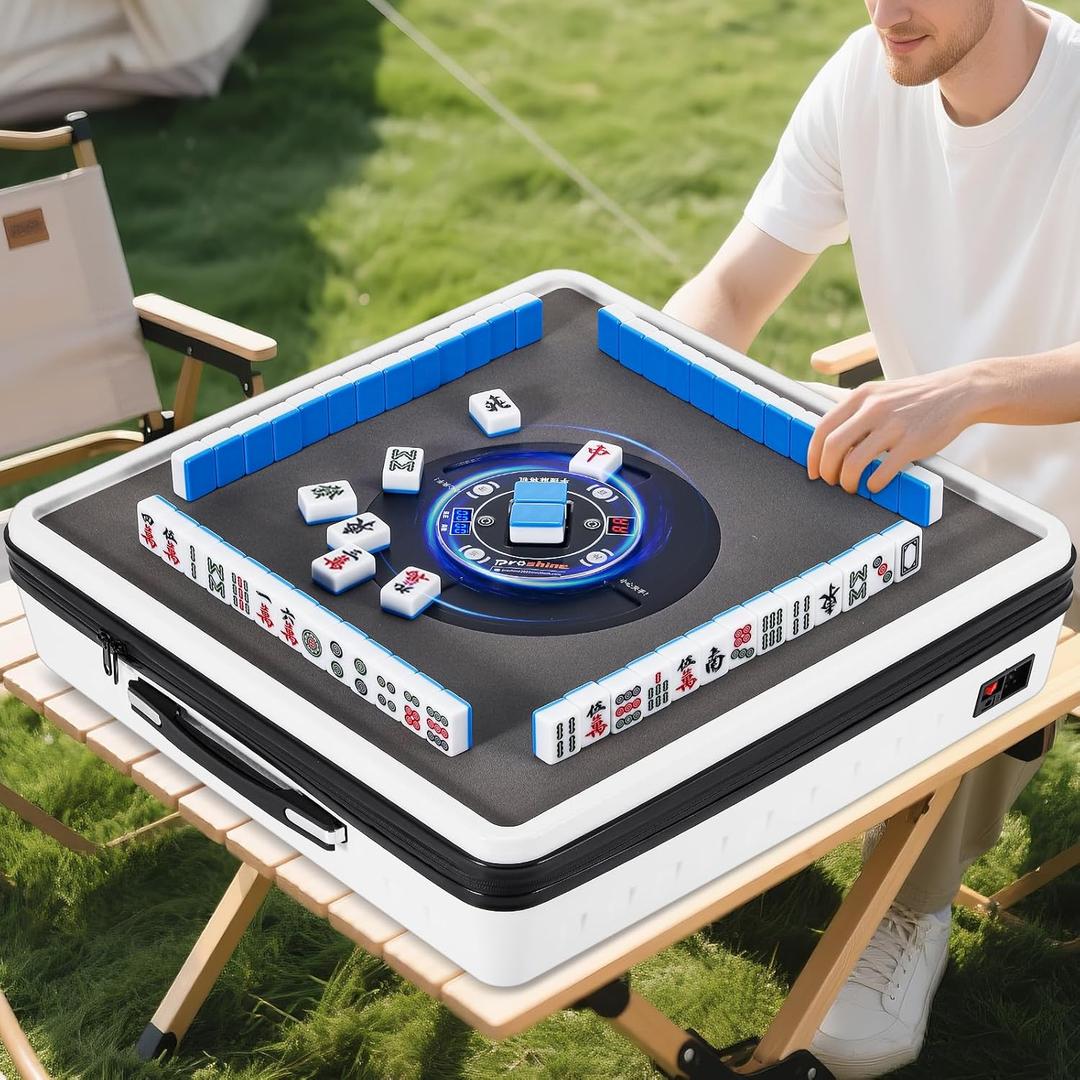 Portable Automatic Mahjong Table with Auto Shuffling Function - 144 Magnetic Tiles, 100pcs Chips, Foldable Design, Indoor/Outdoor Use, No Assembly Needed, Gifts for Mahjong Players