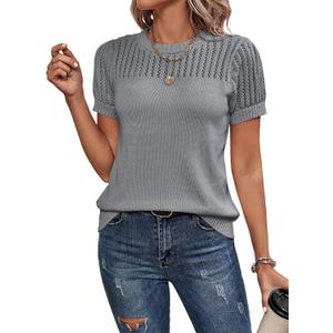 Dokotoo Womens Summer Tops Dressy Casual Crewneck Short Sleeve Shirts Solid Hollow Out Knit Loose Sweater Blouses (Medium, Grey)