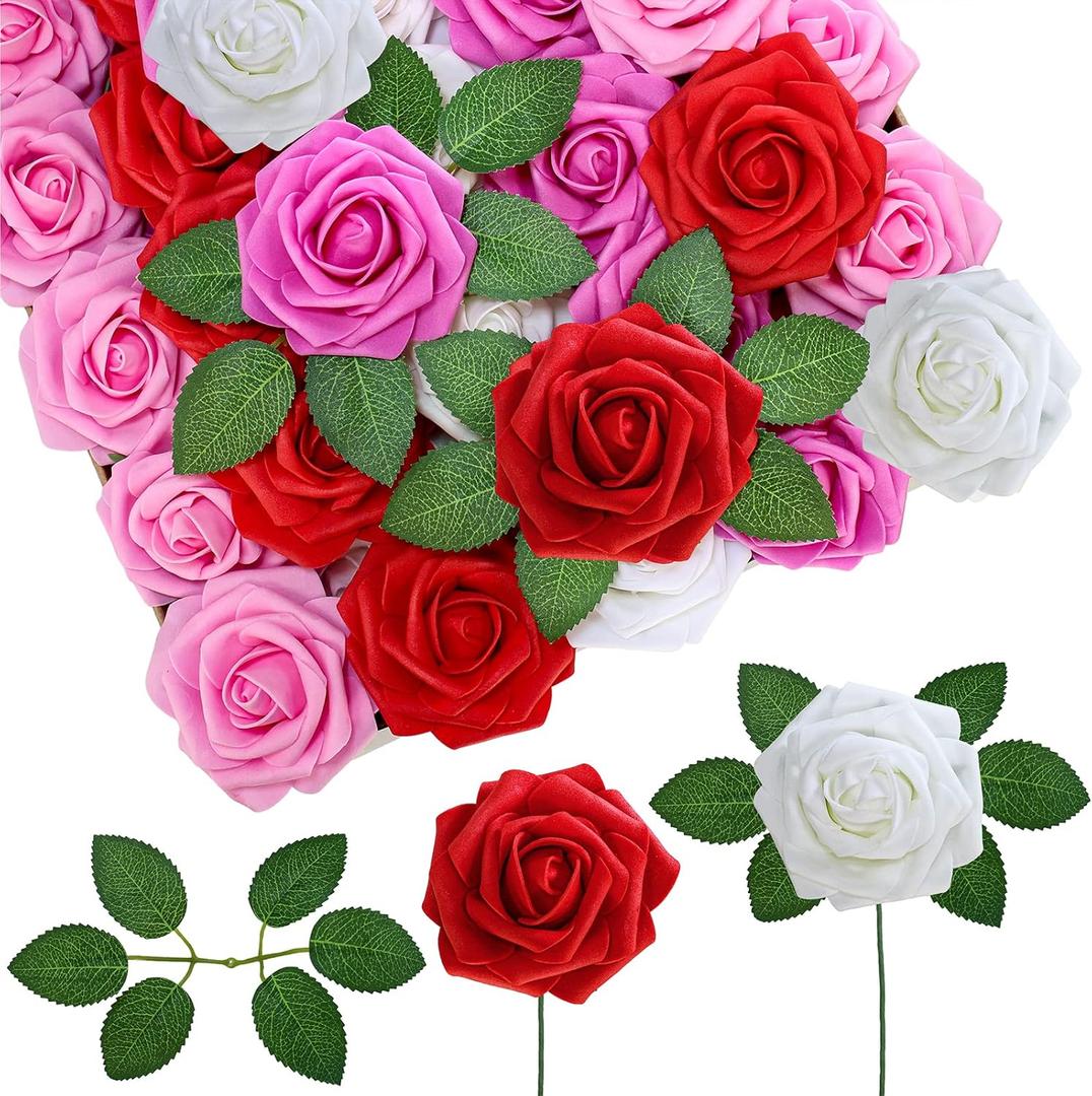 Winlyn 50 Pcs Real Looking Artificial Rose Flowers with Stems & Silk Leaves Bulk- Red, Pink, White for Wedding Bouquets Centerpieces Baby & Bridal Showers Valentine's Day Mother's Day DIY Floral Decor