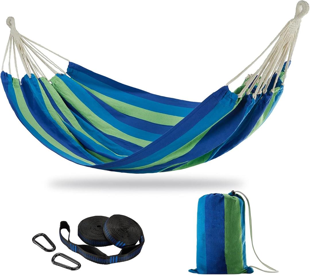 CHULIM Brazilian Double Hammock with Tree Straps,Extra Large 240x160cm,2 Persons Hammock for Backyard Patio Outdoor and Indoor,450lbs Weight Capacity,Soft Woven Cotton Fabric (Blue Green Stripe)
