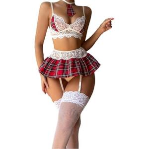 Satohom Women's Sexy Lingerie Schoolgirl Costume Outfit Lace Student Cosplay Roleplay with Bralette Pleated Skirt L
