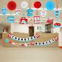 Nurses Week 2026 Decorations Set: Thank You/ Happy Nurse Paper Banner Appreciation Hanging Swirls Blue Red White Pom Pom Paper Fans Gifts Bulk RN Graduation Party Decor Supplies
