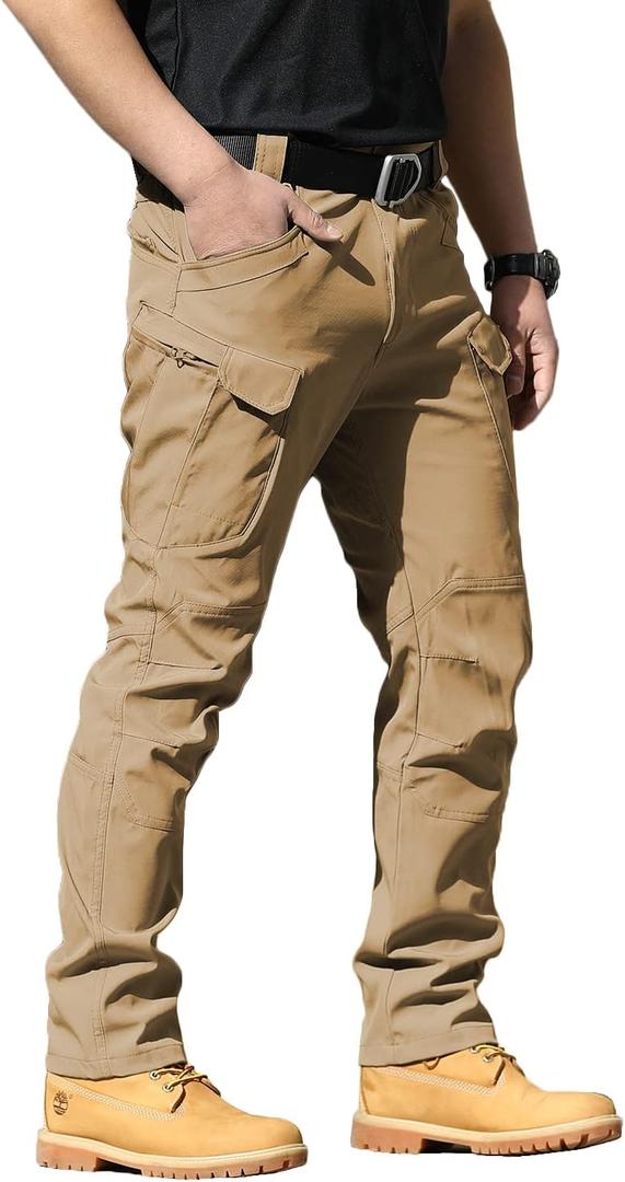 AUTIWITUA Men's Tactical Pants Water Resistant Flex Ripstop Cargo Pants Lightweight Hiking Pants with Multi Pockets(No Belt) (Medium, Dark Khaki)