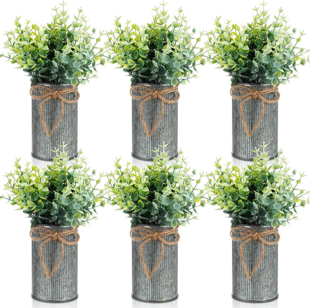 6 Sets Artificial Eucalyptus in Galvanized Pots, Farmhouse Table Decor, Rustic Table Centerpiece, Plants Eucalyptus Leaves for Wedding Home Office Farmhouse(Iron)