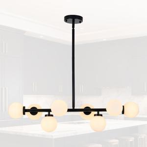 Chandelier Light Fixture Linear Chandelier Morder Black Milk Globe Glass 8 Lights Chandeliers for Dining Room Lighting Fixtures Hanging,