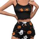 Mylleure Women Halloween 2 Piece Outfits Y2k Print Ruffle Sleeveless Cami Crop Tops High Waist Shorts Pajamas Set Loungewear (Small, Black + Orange Ghost)