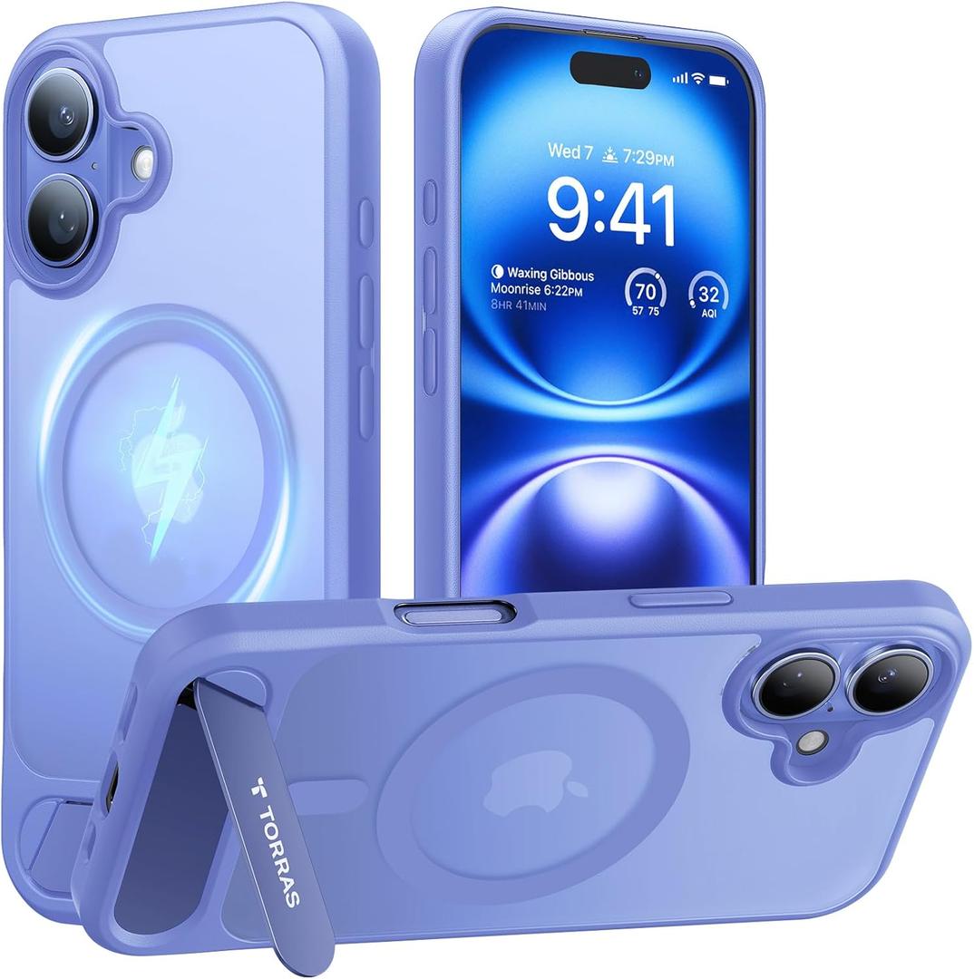 TORRAS for iPhone 16 Case Translucent Blue | Strong Magnetic & Seamless Stand, Fit for MagSafe, Military-Grade Drop Protection, Sturdy Adjustable Built-in Kickstand, Slim Matte Finish 6.1''