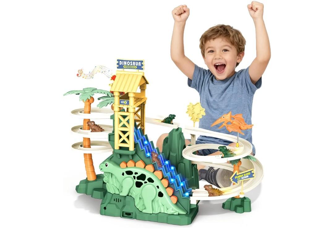 Dinosaur Race Track - Climbing Slide Stair Toy for 3 4 5 Year Old Boys Birthday Gift, Sliding Car Dinosaur Toy Track with Music and Light, Dino Game Boy Toys Age 4-7 (Green)