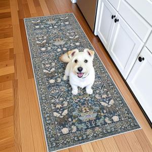 Washable Vintage 2x6 Bathroom Rugs: Soft Carpet with Non-Slip Backing for Hallway Entryway Kitchen Stain-Resistant Bedroom Floor Mat Gifts for Newlyweds/Household Home Decor (2x6,Floral/Blue)