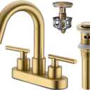 Bathroom Faucet 2 Handle 4 Inch Centerset Vanity Sink Faucet with Metal Overflow Pop Up Drain, 360Swivel Spout, Stainless Steel, Brushed Brass Gold
