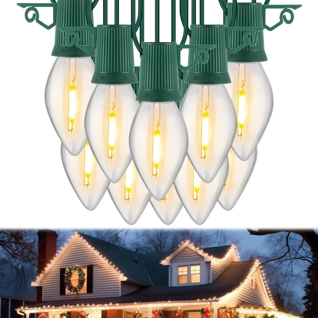 50 FT C9 LED Christmas Lights Outdoor With Clips, Large Bulb String Lights, Warm White Roofline Lights for House and Garden Xmas Decoration