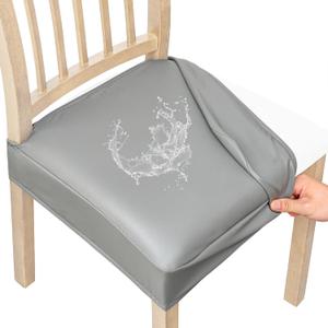 Smiry Waterproof Pu Leather Seat Covers for Dining Room Chairs Set of 4, Stretch Fit Removable Washable Kitchen Chair Seat Slipcovers Protector, No Rear Covers, Grey