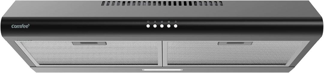 Comfee' Range Hood 30 inch, Under Cabinet Ducted/Ductless Convertible Slim Vent Hood, Durable Stainless Steel Kitchen Stove Hood, 3 Speed Exhaust Fan and 1 LED Lights Range Hood (Black)