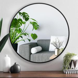 30 Inch Black Tempered Glass Round Mirror,Bathroom Mirror,Metal Frame Vanity Mirror,Circle Wall Mirror for Bathroom Bedroom Living Room Entryways Washrooms