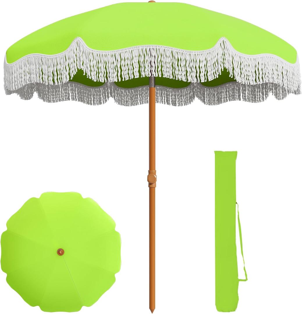 AreShark 7ft Patio Umbrella with Fringe, UPF50+ Beach Umbrella for Table, Pool & Garden, Portable Outdoor Tassels Umbrella w/Fiberglass Ribs&Push Bottom Tilt(Apple Green)