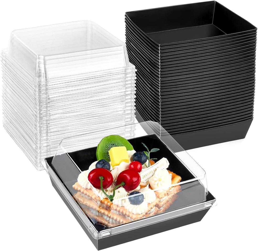Kucoele 50 Pack Small Charcuterie Boxes with Clear Lids, To Go Paper Dessert Boxes Bakery Boxes, 5 Inches Disposable Food Containers for Cookies, Cupcakes, Slice Cakes, Strawberries (Black)