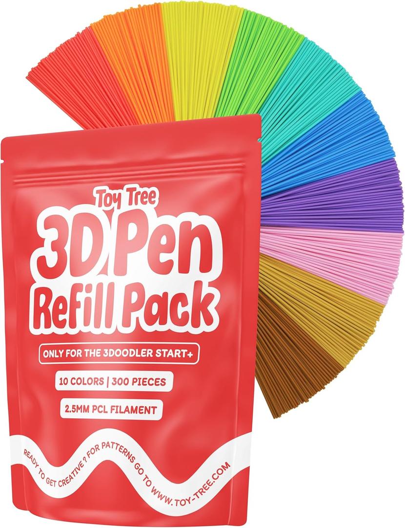 Toy Tree 300 Piece 3D Pen Refill Pack | Compatible with The 3Doodler Start+ Only | 10 Tropical Colors of Safe Low Temperature PCL Filament 2.5mm Thick | Not Compatible with Other 3D Pens