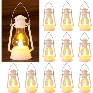 12Pcs LED Mini Vintage Lanterns Decor Indoor Decorative Outdoor Hanging Lantern Decorative Small Candle Lanterns Farmhouse Decor for Wedding Centerpiece,Halloween,Christmas,Farmhouse Decorative (White)