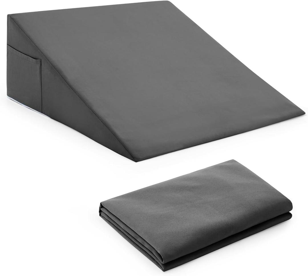 Horbaunal Dark Grey Bed Wedge Pillow Cover with Zipper Design, Wedge Pillowcase Protector with Side Pocket for Storage, 26" L x 25" W x 7.5" H(Pillow Not Include)
