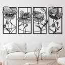 4 Pcs Wall Decor Metal Floral Minimalist Line Art Wall Living Room Bedroom Flower Aesthetic Modern Sculpture Poppy Theme Hanging Home Kitchen Bathroom Decorations (Black, Elegant)
