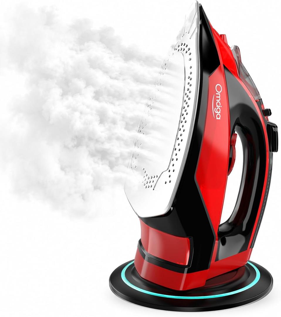 Omaiga 1500W Cordless Iron for Clothes, Wireless Steam Iron with Rapid Heating & Auto Shut Off, for Effective Wrinkle Removal