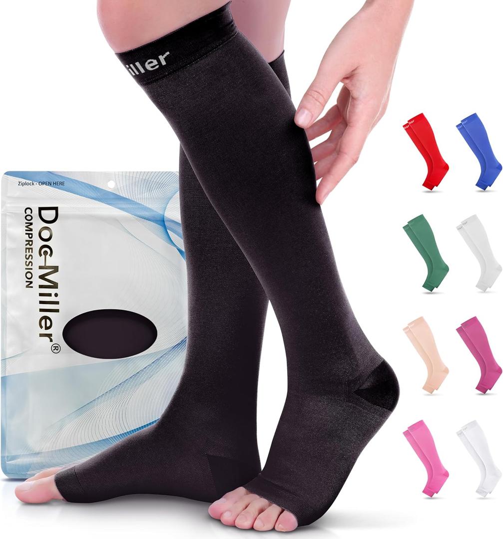 Doc Miller Open Toe Compression Socks for Women & Men 1520 mmHg, Knee High Calf Support Sleeves, Graduated Stockings for Swelling Recovery, Circulation, 1 Pair (XX-Large Tall, Black)