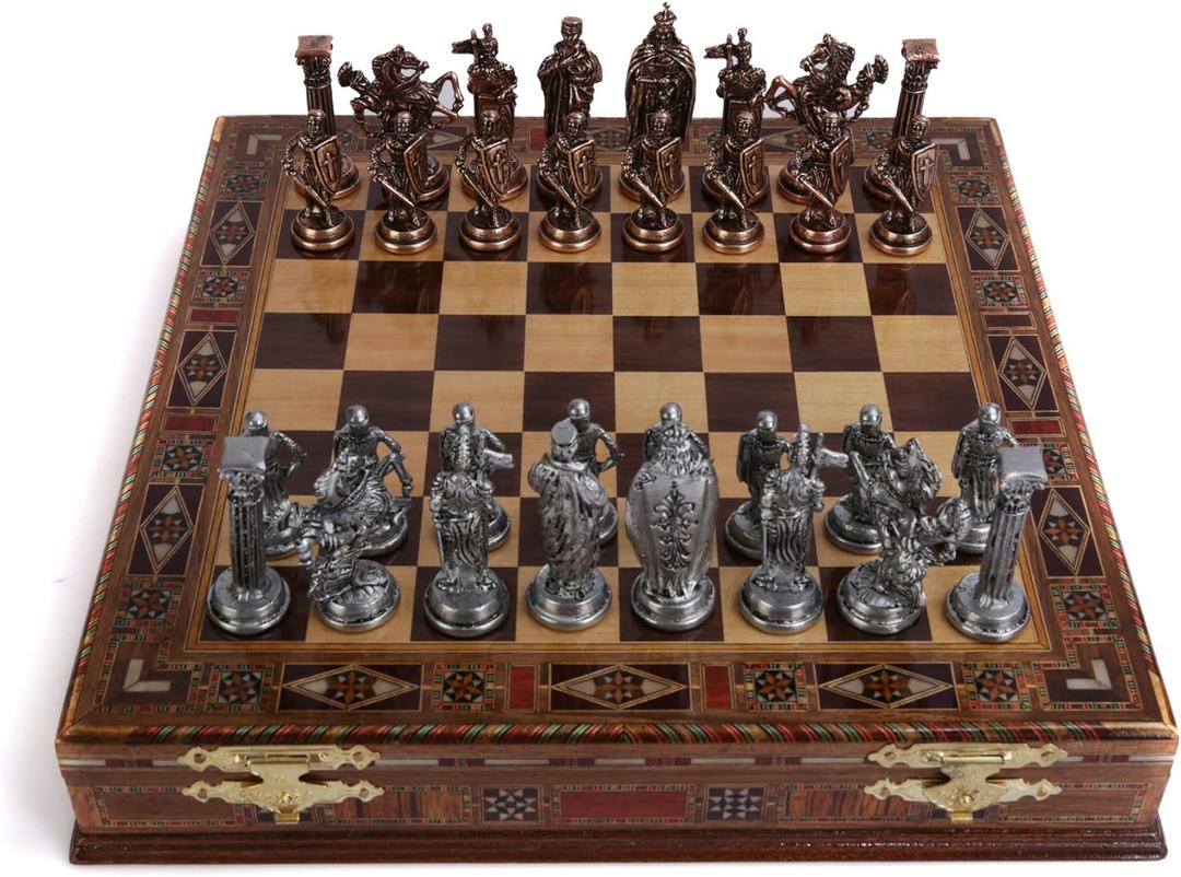 Medieval British Army Antique Copper Metal Chess Set for Adults,Handmade Pieces and Natural Solid Wooden Chess Board with Storage Inside King 3.35inc, 15x15x2.55 inches