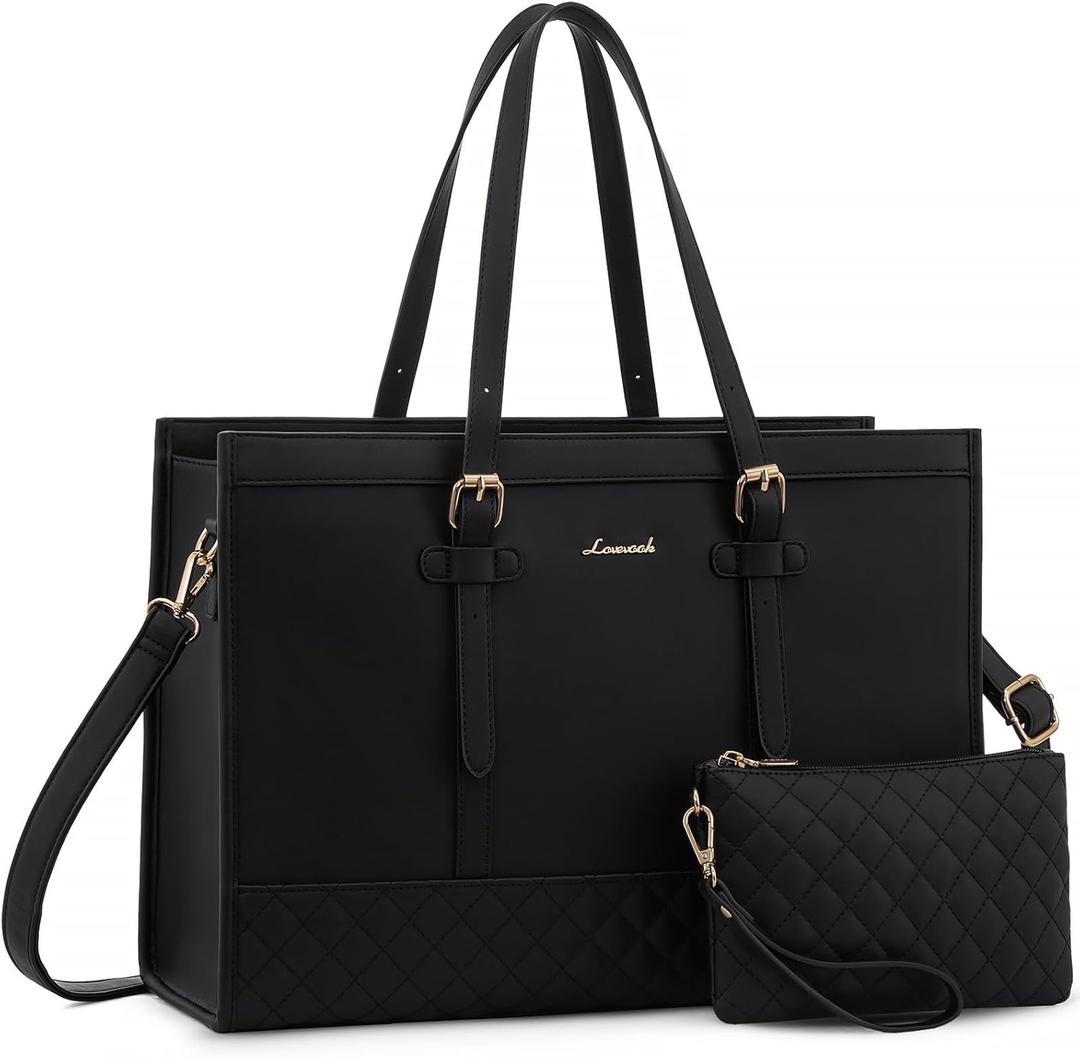 LOVEVOOK Women's 15.6 inch Laptop Tote, Waterproof PU Leather Computer Work Bag, Large Capacity Business Office Tote Black