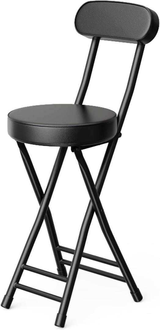 Folding Stool,Cushioned Padded Folding Bar Stool,24inch Black Height Heavy Duty Portable Chair Stool with 300lbs Capacity for Kitchen Living Room Garden Camping Fishing