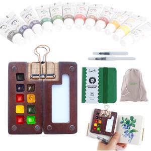 Tobios Watercolor Set Tobios Mini Watercolor Paint Set Travel Watercolor Sets Mini Paint Pad Pocket Artist Watercolour Travel Sets Pocket Watercolour Kit Portable Paint Palette (Pine green 9 Grids)