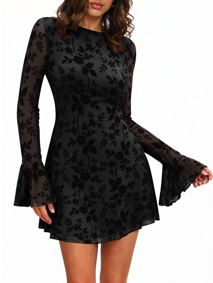 BTFBM Women Floral Wedding Guest Dress Spring 2026 Casual Long Sleeve Crew Neck Flowy Party Cocktail Mini Dresses, M
