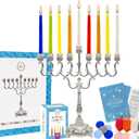 The Dreidel Company Complete Chanukah Menorah Set - Silver-Plated and Classic 45 Multicolored Candles, 5 Plastic Multicolored Dreidels & Hanukkah Play Coins, Hanukkah Booklet, Instructions Game Card
