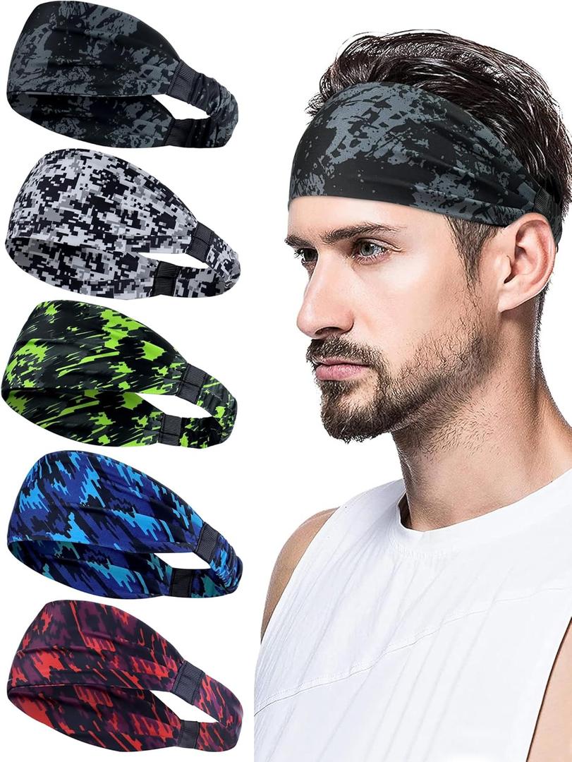Sports Headbands for Men, Sweat Bands Headbands Men Absorbent Head Band Stretchy Sweatbands 3 Pack Hair Band Workout Football Running Cycling Fitness (Camouflage colour black and grey, camouflage colour black and white, camouflage colour green, camouflage colour blue, camouflage colour red)