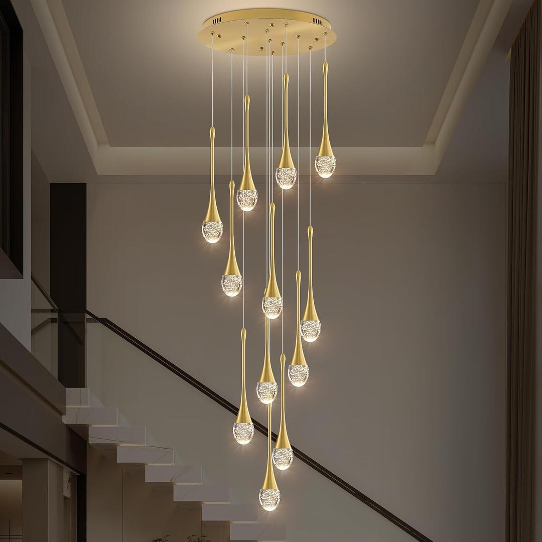 Modern Crystal Staircase Chandelier Gold 12-Lights, H120'' Large High Ceiling Spiral Dimmable LED Raindrop Foyer Entryway Light Fixture Remote Control, 12 Lights Small Crystal