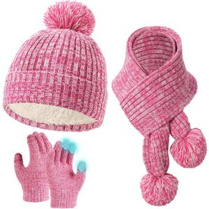 Kids Dinosaur Hat Scarf Gloves Set, Winter Warm Fleece Pompom Beanie Knit Scarf Christmas Gifts for Girls Boys 4-10 yr (Pink)