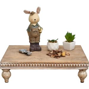 SwallowLiving Farmhouse Wood Riser for Display Decorative, Rustic Shabby Chic Tray for Kitchen Counter, Coffee Bar Table, Dining Room, Wooden Rectangle Beaded Pedestal Stand for Food, Natural