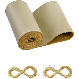 BELINOUS Leather Steering Wheel Cover Lace Up, Stitch on Steering Wheel Wrap, Universal Fit 13-20 Inch Car Truck Pickup Boat, A Whole Piece of Cowhide, DIY w/Needle Thread (Size M4, Beige)